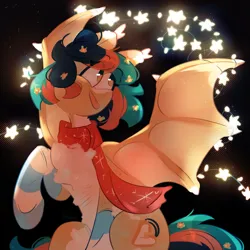 Size: 3550x3550 | Tagged: safe, artist:pakmur, derpibooru import, oc, oc:olen, unofficial characters only, bat pony, pony, clothes, flower, garland, image, looking back, png, scarf, sitting, socks, solo, stars, stockings, thigh highs, tongue out