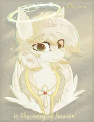 Size: 1212x1564 | Tagged: safe, artist:vitani, derpibooru import, oc, unofficial characters only, angel pony, original species, pony, angel, bust, clothes, flower, flower in hair, halo, image, jewelry, necklace, png, portrait, rosary, solo