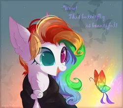 Size: 2000x1756 | Tagged: safe, artist:vitani, derpibooru import, oc, unofficial characters only, butterfly, insect, pony, female, heterochromia, image, mare, multicolored hair, png, rainbow hair, solo