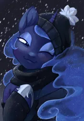 Size: 1431x2048 | Tagged: safe, artist:murimio_, derpibooru import, princess luna, alicorn, anthro, g4, arm hooves, beanie, clothes, ethereal mane, female, hat, hoof on chest, hoof shoes, horn, image, jpeg, lidded eyes, looking at you, one eye closed, princess shoes, scarf, smiling, smiling at you, snow, snowfall, solo