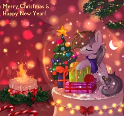 Size: 2140x2000 | Tagged: safe, artist:vitani, derpibooru import, oc, unofficial characters only, pony, unicorn, candle, christmas, clothes, eyes closed, happy new year, holiday, horn, image, merry christmas, png, present, scarf, snow globe, solo