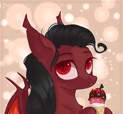 Size: 1344x1248 | Tagged: safe, artist:vitani, derpibooru import, oc, unofficial characters only, bat pony, pony, abstract background, fangs, food, ice cream, image, png, slit pupils, solo