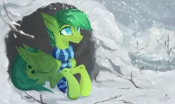 Size: 2592x1543 | Tagged: safe, artist:vitani, derpibooru import, oc, unofficial characters only, pegasus, pony, cave, clothes, image, lying down, male, png, prone, scarf, snow, snowfall, solo, stallion