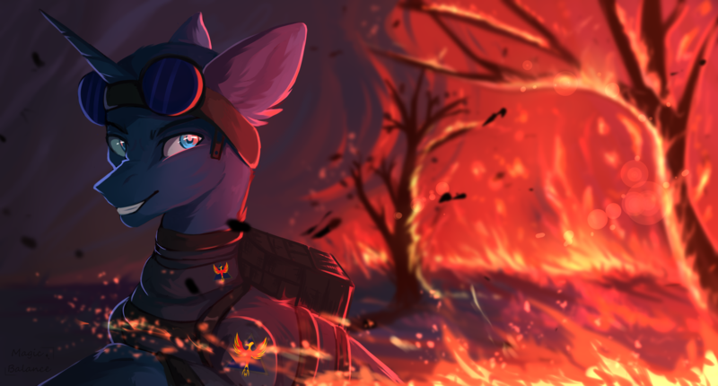 Size: 2935x1576 | Tagged: safe, artist:vitani, derpibooru import, oc, oc:flint, unofficial characters only, pony, unicorn, armor, bald, fire, goggles, horn, image, male, png, smiling, solo, stallion