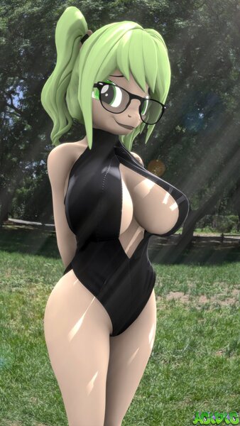 Size: 1152x2048 | Tagged: suggestive, artist:acidicsora, ponerpics import, oc, unofficial characters only, anthro, 3d, absolute cleavage, breasts, cleavage, clothes, female, glasses, image, jpeg, one-piece swimsuit, solo, swimsuit