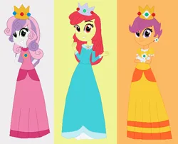 Size: 628x511 | Tagged: safe, artist:noahishere18, artist:selenaede, derpibooru import, apple bloom, scootaloo, sweetie belle, human, equestria girls, g4, adorabloom, base used, clothes, crown, cute, cutealoo, cutie mark crusaders, cutie mark cuties, diasweetes, dress, ear piercing, earring, female, gloves, gown, grin, image, jewelry, piercing, png, poofy shoulders, princess daisy, princess peach, princess rosalina, regalia, scootaloo also dresses in style, smiling, super mario, super mario bros., trio