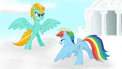 Size: 1920x1080 | Tagged: safe, artist:agreylongma, derpibooru import, lightning dust, rainbow dash, pegasus, pony, g4, angry, building, cloud, cloudsdale, female, image, mare, png, spread wings, wings