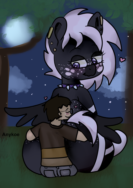 Size: 1000x1415 | Tagged: suggestive, artist:anykoe, derpibooru import, oc, unofficial characters only, human, pegasus, blushing, butt, butthug, clothes, collar, duo, ear piercing, earring, eyes closed, forest, forest background, freckles, glasses, hug, hug from behind, hugging a pony, image, jewelry, looking at someone, night, pegasus oc, piercing, png, signature, sitting on person, spiked collar, tree, wings