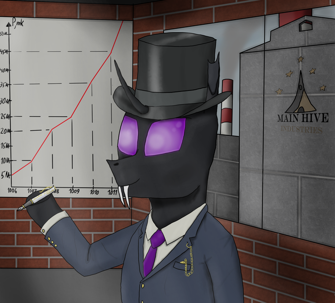 Size: 1918x1733 | Tagged: safe, artist:john_pepsi, derpibooru import, oc, unofficial characters only, changeling, equestria at war mod, capitalism, changeling oc, clothes, factory, hat, horn, image, indoors, jacket, male, necktie, pen, png, pocket watch, purple changeling, purple eyes, quote, shirt, suit, top hat, window