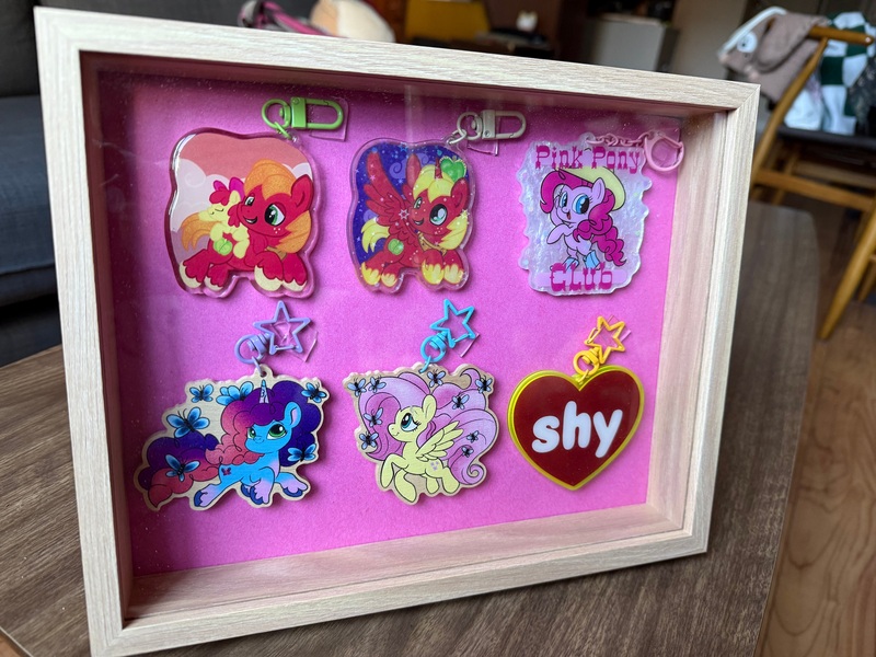 Size: 5712x4284 | Tagged: safe, artist:amynewblue, derpibooru import, apple bloom, big macintosh, fluttershy, pinkie pie, alicorn, butterfly, earth pony, insect, pegasus, unicorn, g4, g5, alicornified, charm, display case, horn, image, jpeg, merchandise, misty brightdawn, photo, princess big mac, race swap, shy