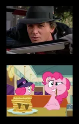 Size: 646x1018 | Tagged: safe, derpibooru import, screencap, pinkie pie, earth pony, human, g4, the saddle row review, back to the future, fedora, hat, image, implied time travel, irl, irl human, marty mcfly, my little pony, photo, png, solo