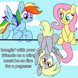 Size: 1000x1000 | Tagged: safe, artist:unitxxvii, derpibooru import, derpy hooves, fluttershy, rainbow dash, pegasus, pony, g4, behaving like a bird, cloud, flying, image, jpeg, text, trio, upside down, wires