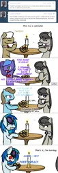 Size: 663x1947 | Tagged: safe, derpibooru import, beauty brass, frederic horseshoepin, octavia melody, parish nandermane, vinyl scratch, earth pony, unicorn, g4, ask, bowtie, bread, candle, date, food, horn, image, jpeg, soup, tea, tumblr, vinyl's glasses