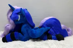 Size: 1280x836 | Tagged: safe, artist:melodis, derpibooru import, princess luna, alicorn, pony, g4, clothes, folded wings, image, irl, jpeg, lying down, photo, plushie, prone, socks, solo, striped socks, wings