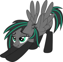 Size: 6385x6250 | Tagged: safe, anonymous artist, oc, oc:lumishade, unofficial characters only, pegasus, pony, .svg available, absurd resolution, black mane, black socks, clothes, ear piercing, female, glowing mane, gray body, image, iwtcird, latex, latex socks, mare, meme, piercing, simple background, socks, solo, spread wings, svg, transparent background, vector, wings