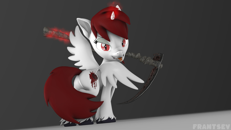 Size: 1920x1080 | Tagged: safe, artist:franzu5ik, derpibooru import, oc, oc:bloorednightmarerose, alicorn, demon, pony, cat eyes, fangs, forked tongue, gray background, image, jpeg, looking at camera, magic, nose wrinkle, rear view, red hair, scythe, simple background, slit eyes, slit pupils, spread wings, tail, wings