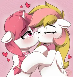 Size: 1888x2000 | Tagged: safe, artist:joaothejohn, derpibooru import, oc, oc:marshmallow, oc:moon rose, unofficial characters only, pegasus, unicorn, bow, clothes, cute, duo, eyes closed, female, females only, glasses, heart, horn, hug, image, jpeg, kissing, lesbian, multicolored hair, oc x oc, pegasus oc, shipping, simple background, unicorn oc, wings