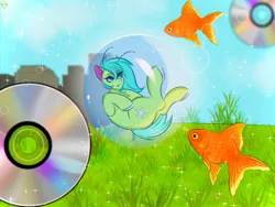 Size: 1600x1200 | Tagged: safe, artist:namelessplaza, derpibooru import, oc, oc:starzie, unofficial characters only, alien, alien pony, fish, goldfish, aestetic, bubble, cloud, female, field, frutiger aero, grass, grass field, image, jpeg, open mouth, sky, solo, town