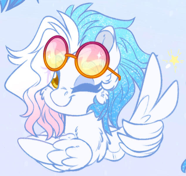 Size: 1280x1211 | Tagged: safe, artist:missbramblemele, derpibooru import, oc, oc:ariel ace, pegasus, pony, female, image, jpeg, mare, one eye closed, solo, sunglasses, wing hands, wings, wink