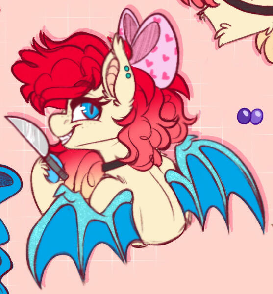 Size: 1280x1378 | Tagged: safe, artist:missbramblemele, derpibooru import, oc, oc:strawberry cakepop, bat pony, pony, bow, female, hair bow, image, jpeg, knife, mare, solo