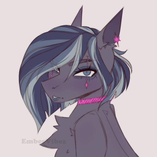 Size: 1900x1900 | Tagged: safe, artist:embervibez, derpibooru import, oc, unnamed oc, unofficial characters only, bust, chest fluff, collar, cyberpunk, ear piercing, eyeshadow, female, image, jpeg, lipstick, makeup, piercing, solo