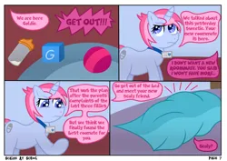 Size: 4960x3508 | Tagged: safe, artist:sweetielover, derpibooru import, oc, pony, unicorn, comic:scales at school, g4, angry, baby bottle, ball, bed, bedroom, blanket, blocks, carpet, comic, dialogue, female, high res, horn, image, logo, png, school, solo, toy, webcomic