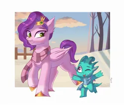 Size: 2200x1862 | Tagged: safe, artist:maxi_ponie, derpibooru import, pipp petals, sparky sparkeroni, dragon, pegasus, pony, g5, adorapipp, auntie pipp, baby, baby dragon, clothes, cute, duo, duo male and female, female, image, jpeg, male, mare, outdoors, passepartout, scarf, snow, sparkybetes, winter