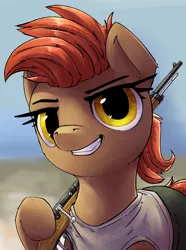 Size: 3234x4352 | Tagged: safe, artist:uteuk, derpibooru import, oc, oc:prairie fire, unofficial characters only, earth pony, pony, equestria at war mod, bust, clothes, digital art, earth pony oc, female, general, gun, high res, image, looking at camera, looking at you, mare, mercenary, new characters for equestria at war, new characters for equestria at war mod, outdoors, png, portrait, raised hoof, rifle, shirt, smiling, smiling at you, solo, weapon