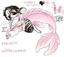 Size: 899x800 | Tagged: safe, artist:octanez, derpibooru import, oc, unofficial characters only, anthro, hippocampus, merpony, okapi, pony, experiment, female to male, fins, fish tail, image, mermaid tail, png, reference sheet, rule 63, tail, transgender, white back