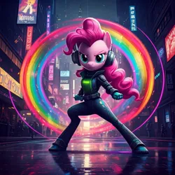 Size: 1024x1024 | Tagged: safe, ai content, generator:google imagen 3.0, machine learning generated, nightcafe ai, pinkie pie, cyberpunk, image, jpeg, music, ninja