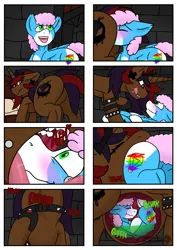 Size: 4961x7016 | Tagged: suggestive, artist:noblebrony317, derpibooru import, oc, oc:unlucky, hybrid, mule, unicorn, belly, big belly, comic, commission, digestion, horn, image, mule oc, png, swallowing, unicorn oc, vore, willing prey