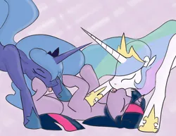 Size: 900x694 | Tagged: artist needed, suggestive, derpibooru import, princess celestia, princess luna, twilight sparkle, alicorn, unicorn, g4, eyes closed, female, females only, french kiss, group sex, horn, image, implied cunnilingus, implied oral, implied sex, kissing, lesbian, open mouth, png, sex, threesome, tongue out, trio, trio female