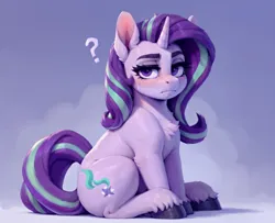 Size: 3072x2496 | Tagged: safe, ai content, generator:easyfluff v10-prerelease, machine learning generated, prompter:raif, prompter:raifai, stable diffusion, starlight glimmer, pony, unicorn, g4, ai composition, female, frown, horn, image, looking at you, mare, png, question mark, sitting, solo, unshorn fetlocks