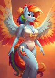 Size: 896x1280 | Tagged: suggestive, ai content, generator:google imagen 3.0, machine learning generated, prompter:zerowinger, rainbow dash, anthro, pegasus, g4, blush lines, blushing, bow, breasts, busty rainbow dash, cleavage, clothes, colored wings, female, gradient background, hair bow, image, jpeg, leotard, lipstick, pose, solo, solo female, spread wings, swimsuit, thong leotard, wings