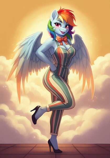 Size: 896x1280 | Tagged: suggestive, ai content, generator:google imagen 3.0, machine learning generated, prompter:zerowinger, rainbow dash, anthro, pegasus, plantigrade anthro, g4, backlighting, blush lines, blushing, bow, breasts, busty rainbow dash, cleavage, clothes, cloud, female, hand on hip, high heels, image, jpeg, jumpsuit, lipstick, pose, rainbow dash always dresses in style, shoes, sleeveless, solo, solo female, wings