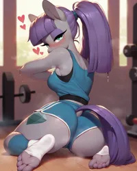 Size: 1024x1280 | Tagged: prompter needed, suggestive, ai content, machine learning generated, stable diffusion, maud pie, anthro, earth pony, plantigrade anthro, g4, blushing, breasts, female, generator:purplesmart.ai, gym, image, jpeg, looking at you, looking back, looking back at you, solo