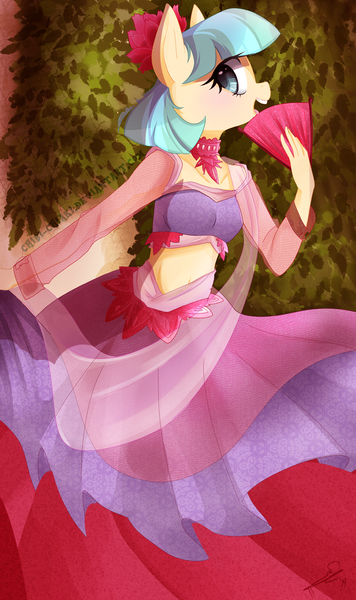 Size: 742x1250 | Tagged: safe, artist:chokico, derpibooru import, coco pommel, anthro, earth pony, g4, abstract background, belly, belly button, belly dancer, choker, clothes, cocobetes, cute, fan, female, image, looking at you, midriff, open mouth, png, skirt, smiling, solo