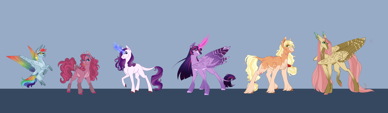 Size: 8500x2500 | Tagged: safe, artist:pjj0, derpibooru import, applejack, fluttershy, pinkie pie, rainbow dash, rarity, twilight sparkle, twilight sparkle (alicorn), alicorn, earth pony, pegasus, pony, unicorn, g4, alternate design, aviator goggles, colored wings, curved horn, female, flying, goggles, hairband, height difference, horn, image, large wings, leonine tail, magic, mane six, mare, multicolored wings, png, rainbow wings, scar, slender, spread wings, tail, tall, thin, unshorn fetlocks, wings