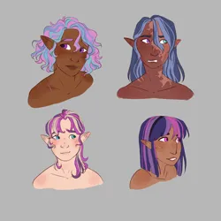 Size: 5000x5000 | Tagged: safe, artist:pjj0, derpibooru import, princess cadance, princess celestia, princess luna, twilight sparkle, human, g4, bare shoulder portrait, bare shoulders, bust, dark skin, elf ears, female, freckles, gray background, heterochromia, humanized, image, png, portrait, scar, simple background