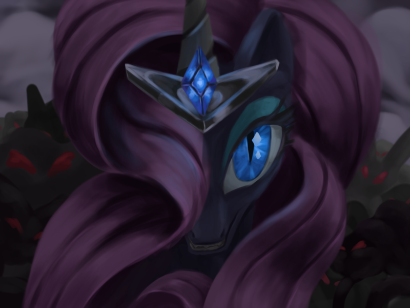 Size: 2732x2048 | Tagged: safe, artist:nafrost, derpibooru import, nightmare rarity, pony, unicorn, g4, blue eyes, cloud, crown, dark, digital art, evil, evil grin, eyelashes, eyeshadow, fangs, female, gem, grin, horn, image, jewelry, looking at you, makeup, mare, png, purple mane, regalia, sky, smiling, smiling at you, solo, teeth