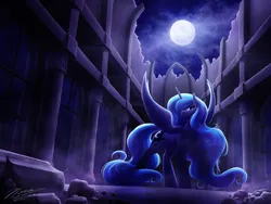 Size: 3200x2400 | Tagged: safe, artist:novaintellus, derpibooru import, princess luna, alicorn, pony, g4, castle of the royal pony sisters, female, full moon, horn, image, looking at you, mare, moon, night, night sky, outdoors, png, rock, sky, solo, spread wings, wings