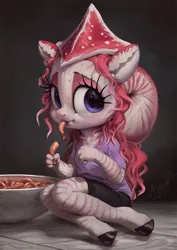 Size: 850x1200 | Tagged: safe, artist:assasinmonkey, derpibooru import, oc, oc:nautila, unofficial characters only, anthro, nautilus, nautilus pony, shrimp, unguligrade anthro, anthro oc, clothes, digital painting, eating, female, image, png, shirt, shorts, sitting, solo, t-shirt, tentacle hair, tentacles, younger