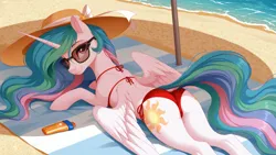 Size: 2560x1440 | Tagged: safe, ai content, generator:zoinksnoob, machine learning generated, princess celestia, alicorn, pony, g4, beach, beach blanket, beach umbrella, bikini, butt, clothes, dock, female, hat, high angle, image, jpeg, looking at you, looking back, looking back at you, looking up, looking up at you, mare, ocean, prompter:siber, prone, rear view, shade, smiling at you, solo, sun hat, sunbutt, sunglasses, sunscreen, swimsuit, umbrella