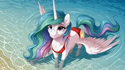 Size: 2560x1440 | Tagged: safe, ai content, generator:zoinksnoob, machine learning generated, princess celestia, alicorn, pony, g4, bikini, clothes, cute, dripping water, female, full body, high angle, horn, image, jpeg, looking at you, looking up, looking up at you, mare, ocean, partially submerged, prompter:siber, smiling at you, solo, spread wings, swimsuit, wet, wings