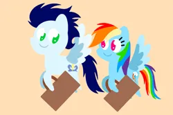 Size: 1935x1285 | Tagged: safe, anonymous artist, derpibooru import, rainbow dash, soarin', pegasus, pony, series:soarindash honeymoon, series:soarindash romantic tales, g4, bag, derpibooru exclusive, female, flying, image, looking at each other, looking at someone, male, mare, png, pointy ponies, shipping, smiling, smiling at each other, soarindash, stallion, straight