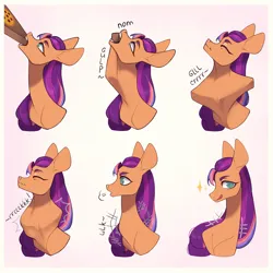 Size: 4000x4000 | Tagged: safe, artist:meggychocolatka, derpibooru import, sunny starscout, earth pony, pony, g5, 6 panel comic, bust, colored, comic, commission, commissioner:princess, eating, eyebrows, female, food, image, impossible fit, licking, licking lips, long mane, looking at you, mane stripe sunny, mare, motion lines, no source available, object vore, onomatopoeia, pizza, pizza box, png, portrait, satisfied, shading, slender, solo, swallowing, thin, throat bulge, tongue out