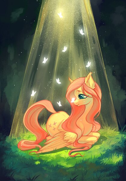 Size: 1431x2048 | Tagged: safe, artist:murimio_, derpibooru import, fluttershy, butterfly, insect, pegasus, pony, g4, butterfly on nose, crepuscular rays, female, grass, image, insect on nose, jpeg, lidded eyes, lying down, mare, prone, smiling, solo, wings