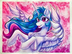 Size: 3919x2924 | Tagged: safe, artist:jsunlight, derpibooru import, princess celestia, alicorn, pony, g4, abstract background, chest fluff, detailed wings, happy, horn, image, jpeg, multicolored hair, open smile, solo, spread wings, traditional art, watercolor painting, wings