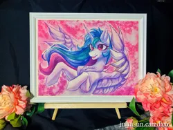 Size: 4032x3024 | Tagged: safe, artist:jsunlight, derpibooru import, princess celestia, alicorn, pony, g4, canvas, chest fluff, craft, flower, framed picture, happy, horn, image, irl, irl photo, multicolored hair, open smile, photo, png, signature, solo, spread wings, traditional art, watercolor painting, wings