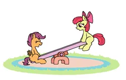 Size: 767x488 | Tagged: safe, artist:myra, derpibooru import, apple bloom, scootaloo, earth pony, pegasus, pony, g4, cute, duo, duo female, female, filly, foal, grass, image, playground, playing, png, seesaw